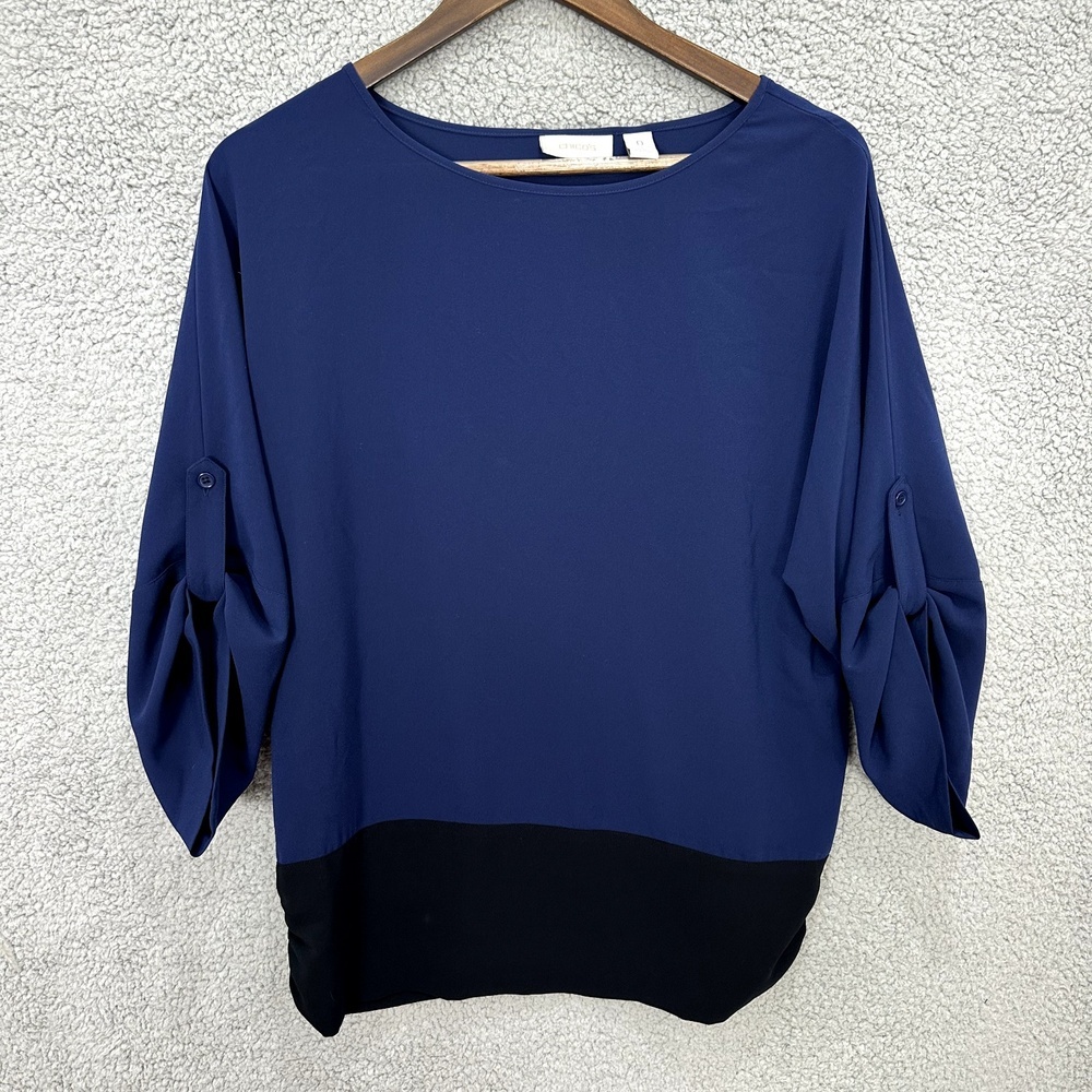 Chico's Blouse Womens Small Navy Black Colorblock Minimalist Career Modern